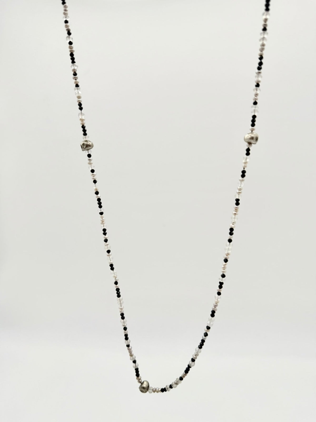 Long Pearl & Silver Skulls Necklace - Virginia Allan