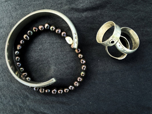 silver mens cuff bracelet and birthstone rings
