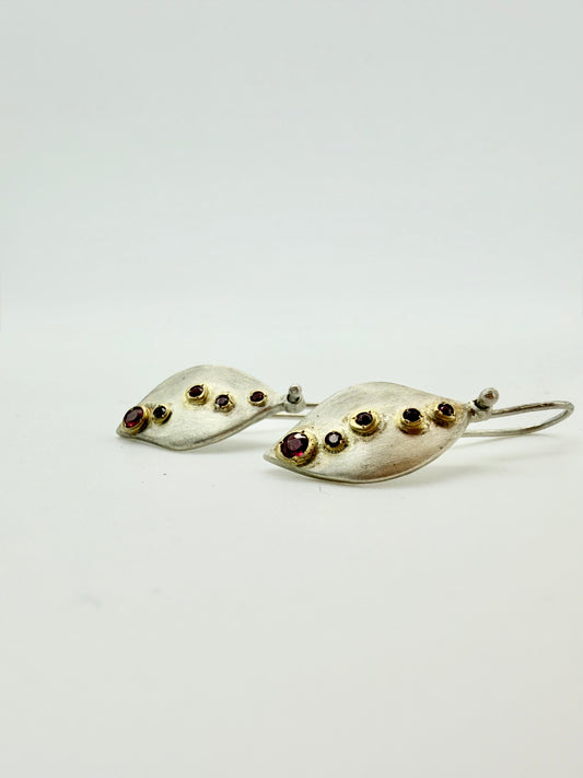Ruby leaf earrings - handmade silver and ruby by Virginia Allan