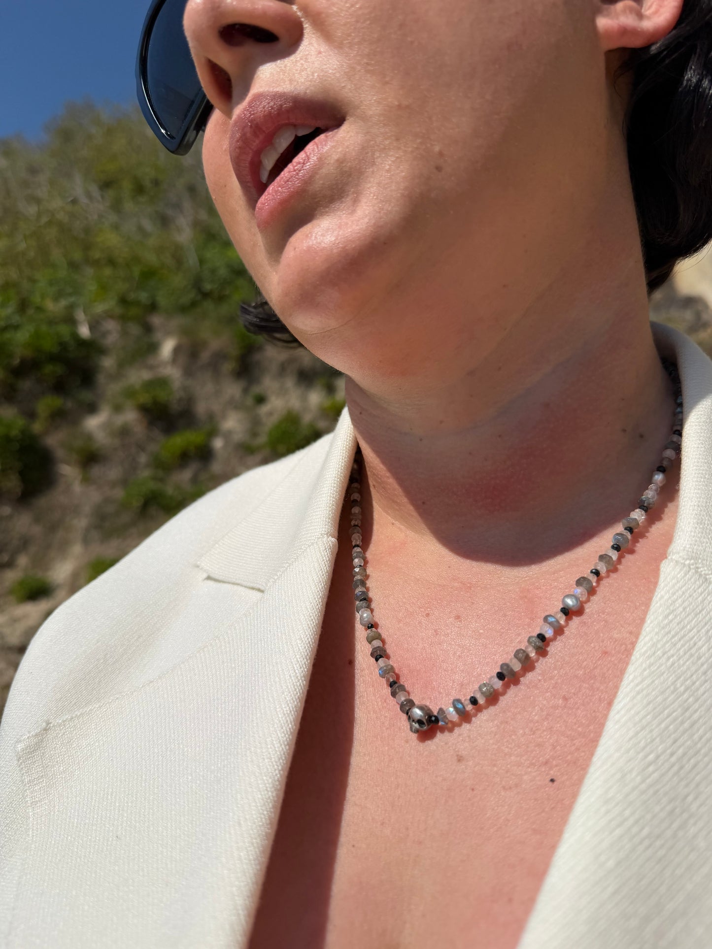Freshwater Pearl and Sterling Silver Skull Necklace