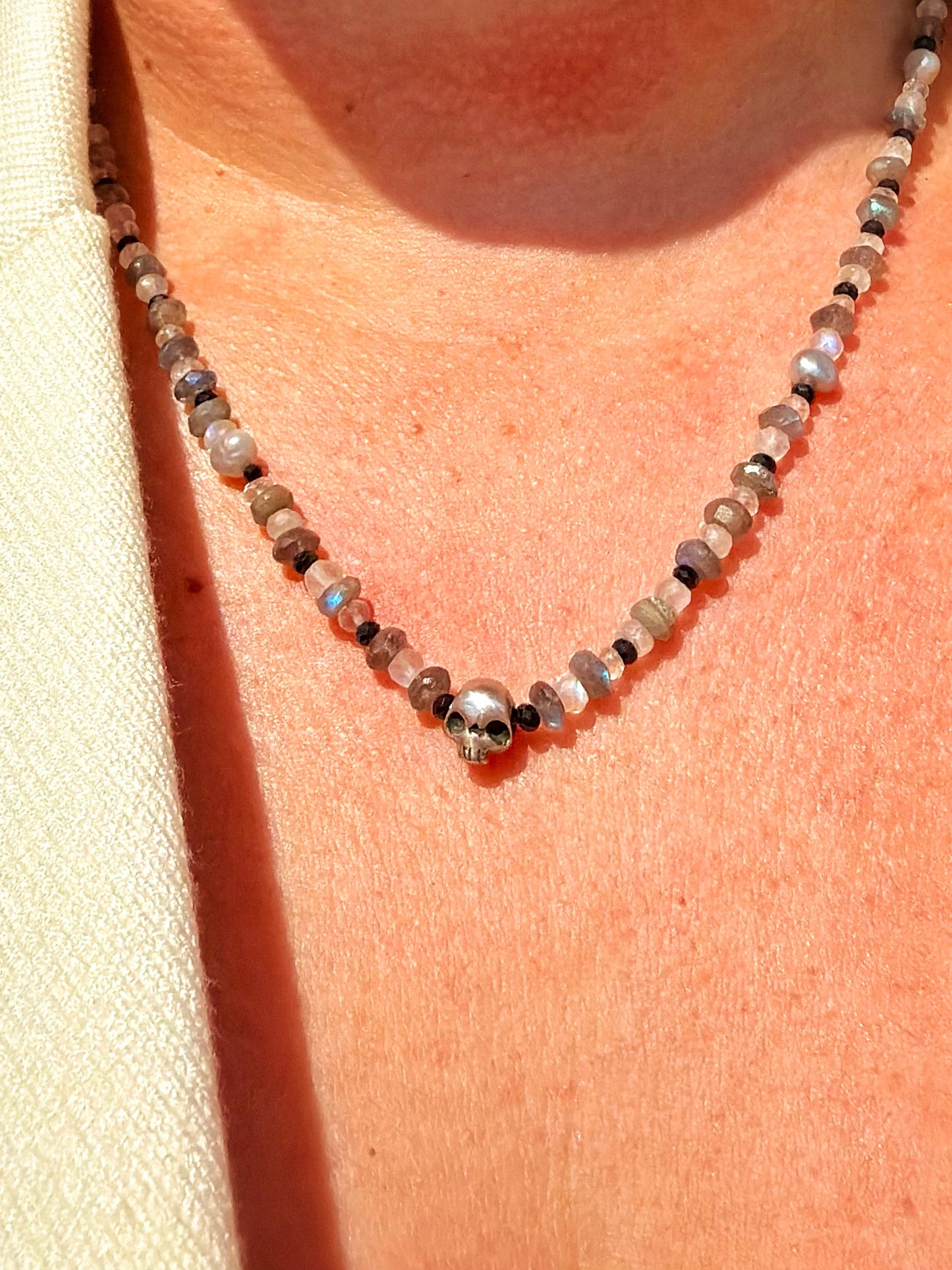 Freshwater Pearl and Sterling Silver Skull Necklace