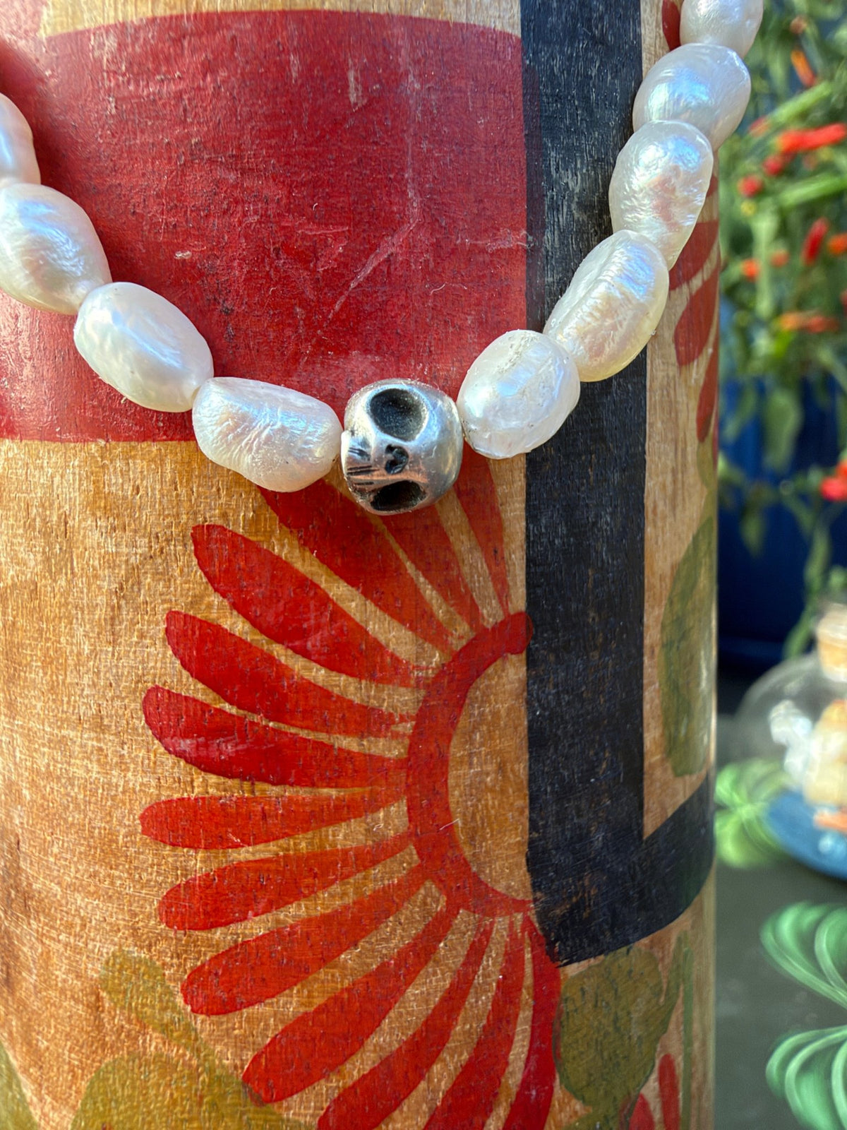Silver Skull with Freshwater Pearls bracelet - Virginia Allan